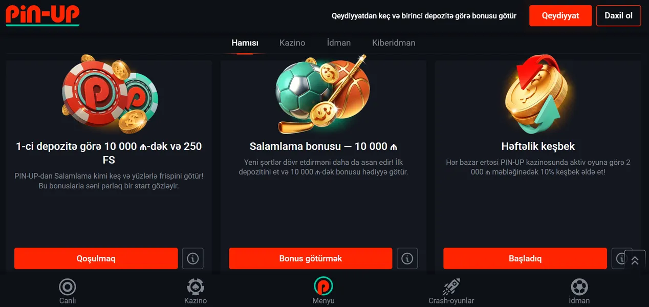 Azərbaycan oyunçuları üçün Pin-Up kazinosunda bonuslar